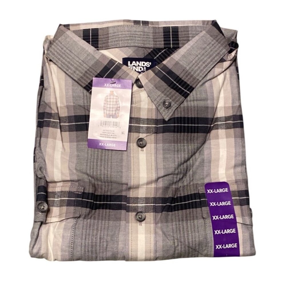 Lands End Mens Gray Plaid Button-Up Shirt XX-Large Cotton Blend